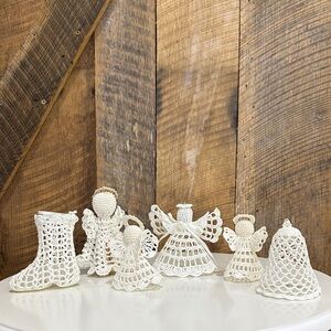 Handmade set of 6 crocheted doily Christmas ornaments -Angels, boot and bell